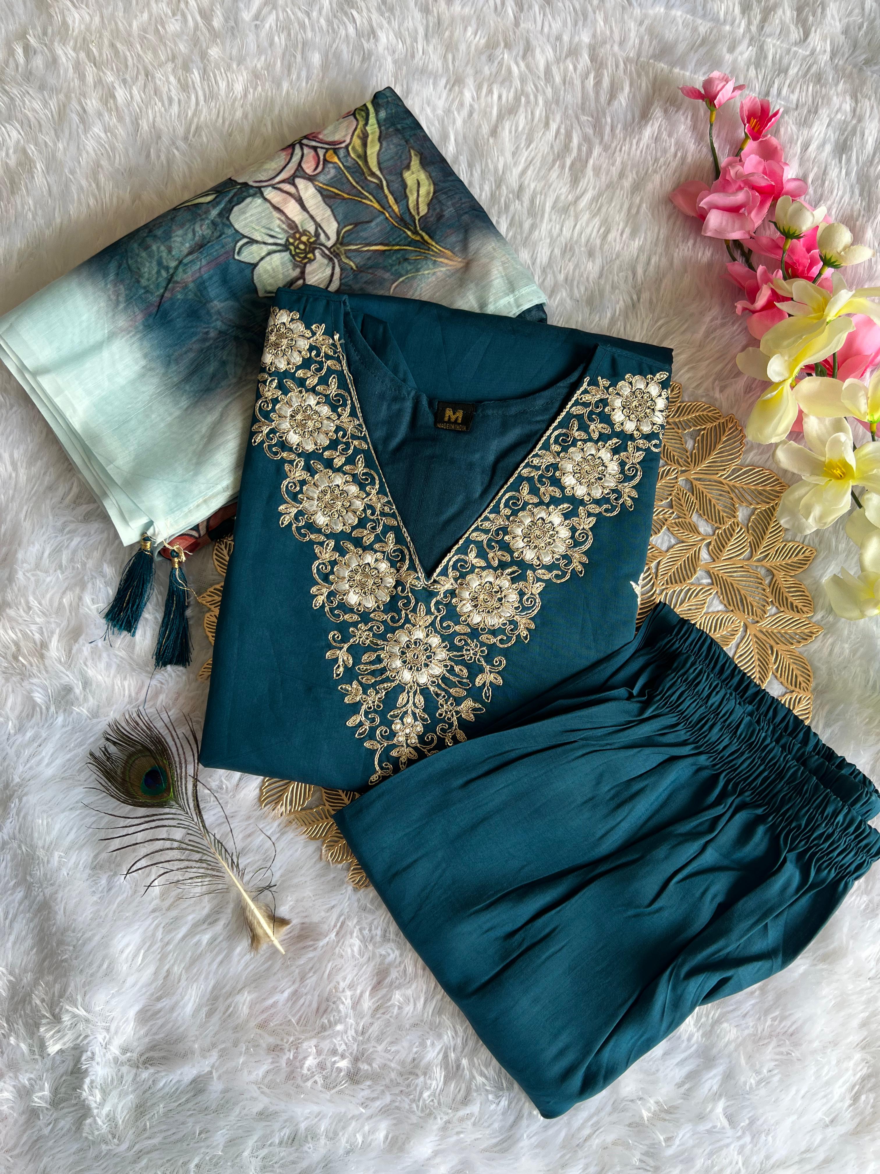 New Wedding Wear Teal Blue Color Roman Silk Embroidery n Sequence Work Designer Straight Kurta With Trouser n Dupatta Set - Image 4