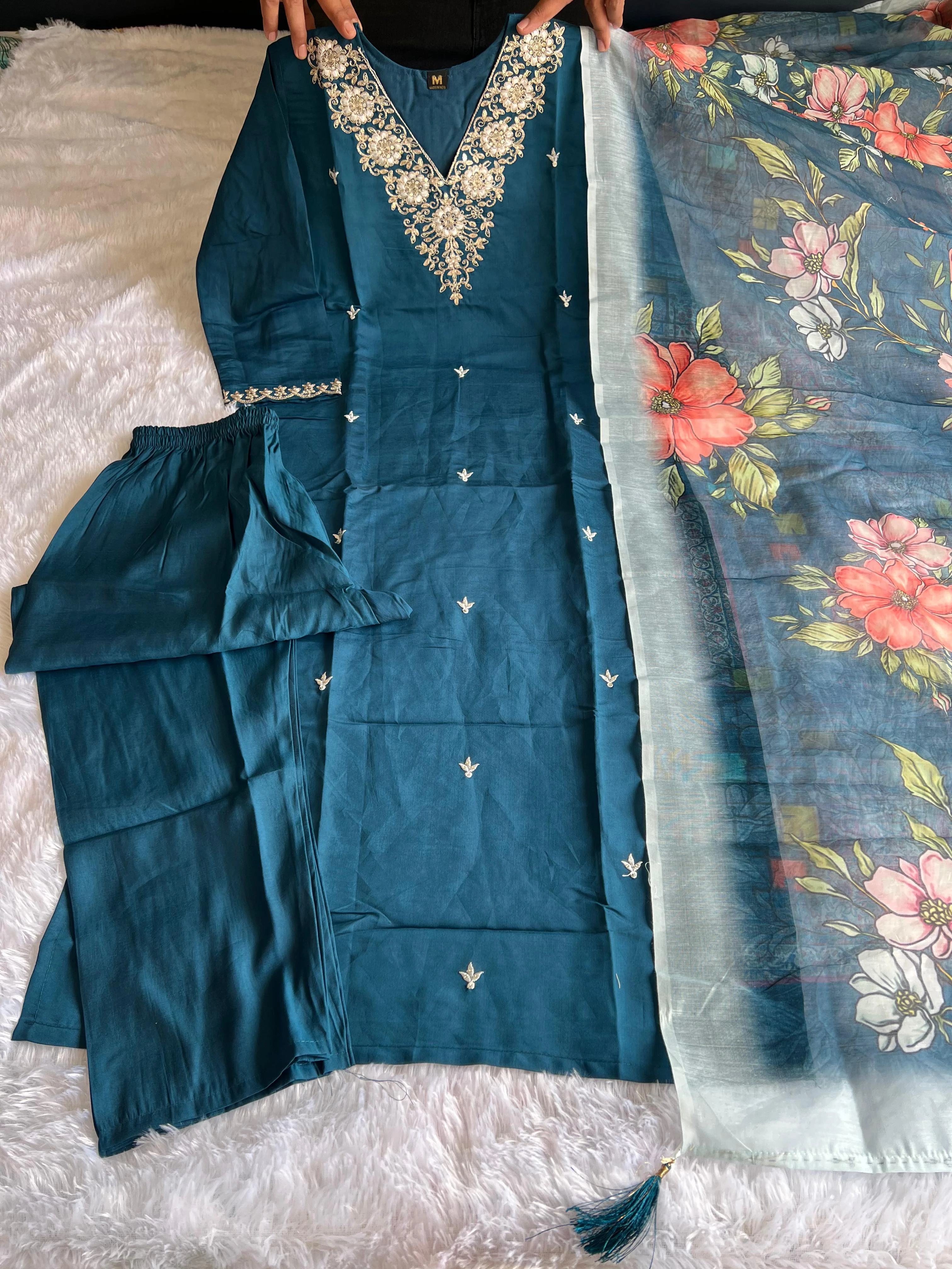 New Wedding Wear Teal Blue Color Roman Silk Embroidery n Sequence Work Designer Straight Kurta With Trouser n Dupatta Set - Image 5
