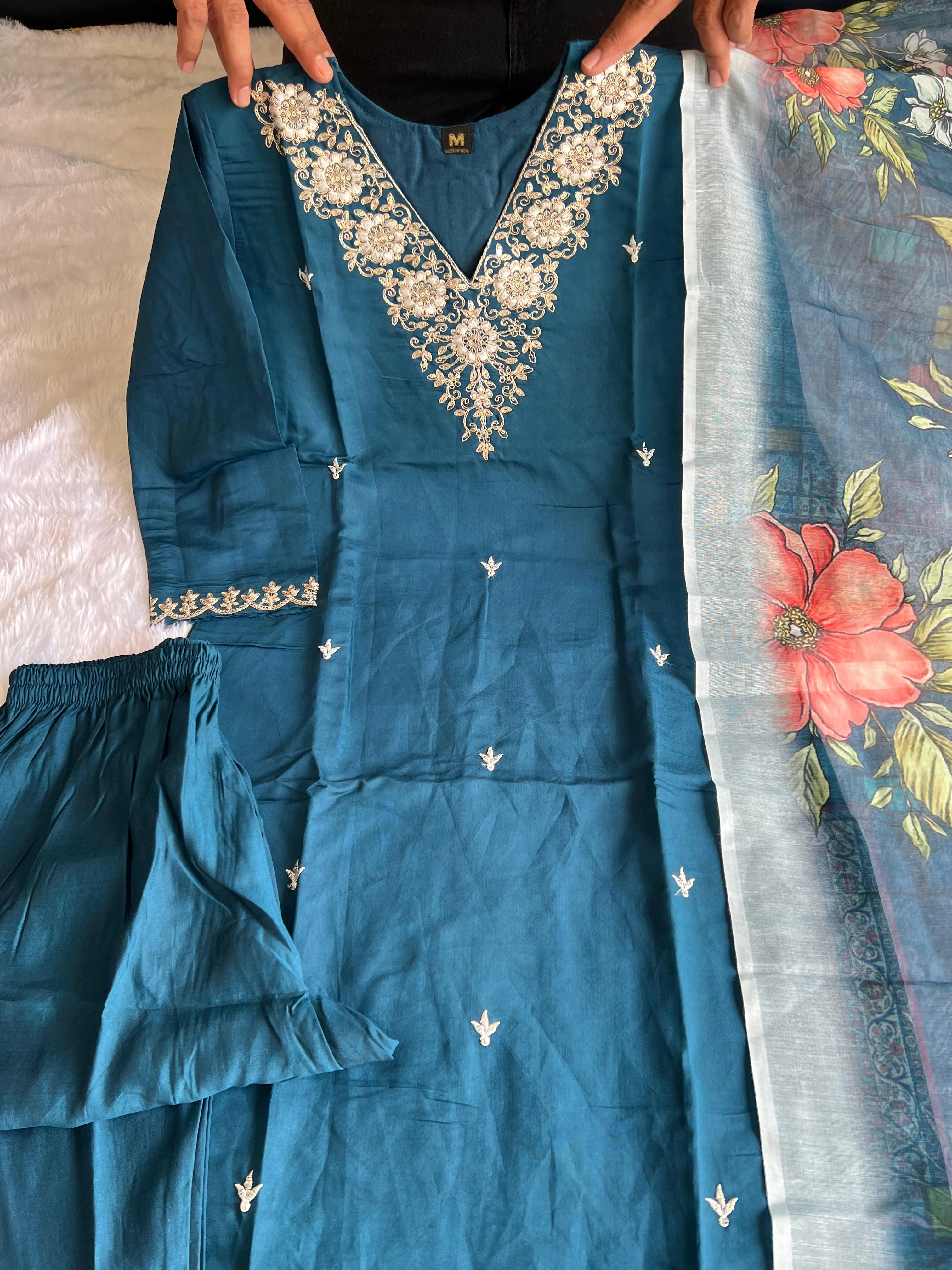 New Wedding Wear Teal Blue Color Roman Silk Embroidery n Sequence Work Designer Straight Kurta With Trouser n Dupatta Set - Image 6