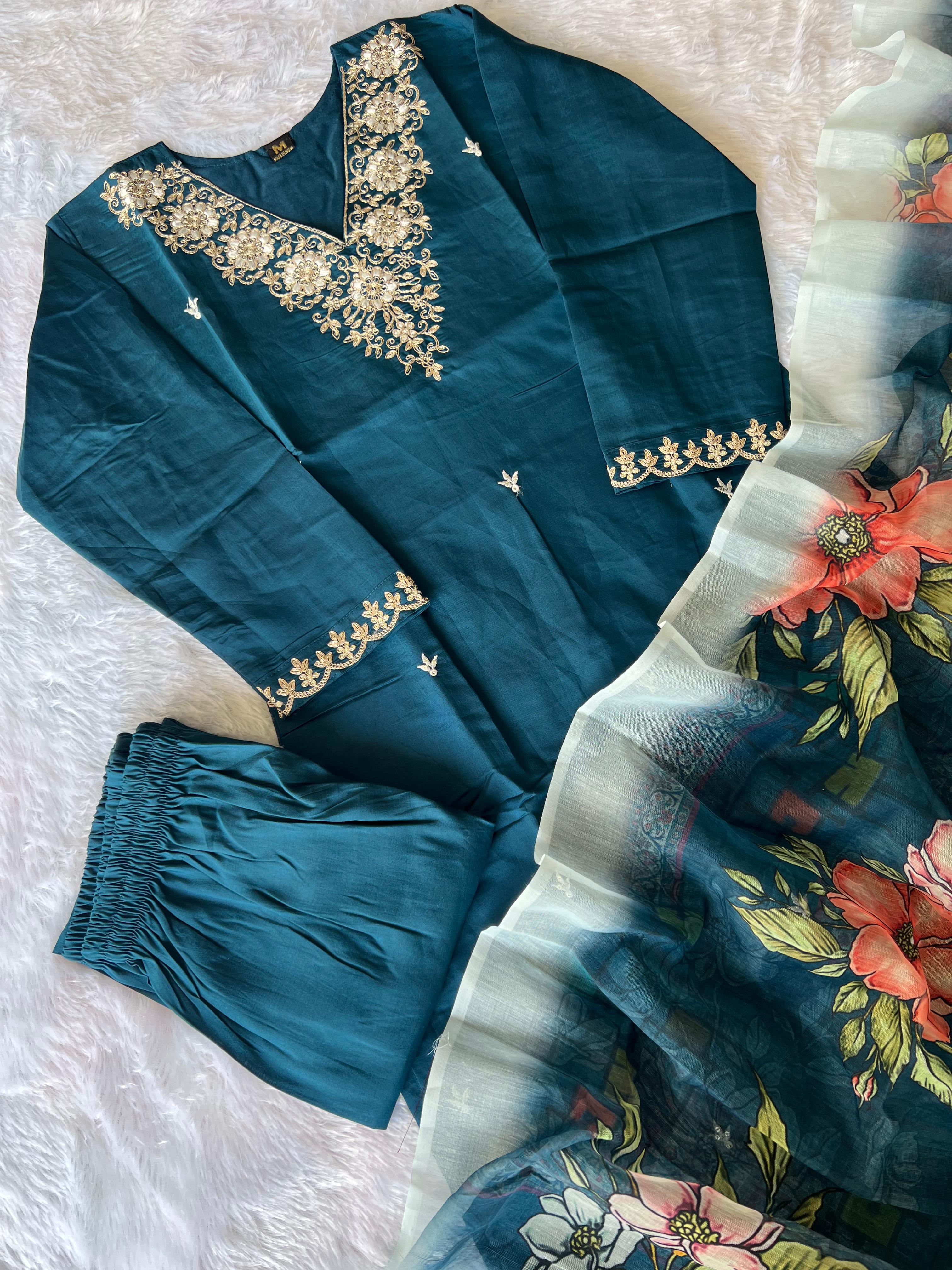 New Wedding Wear Teal Blue Color Roman Silk Embroidery n Sequence Work Designer Straight Kurta With Trouser n Dupatta Set - Image 7