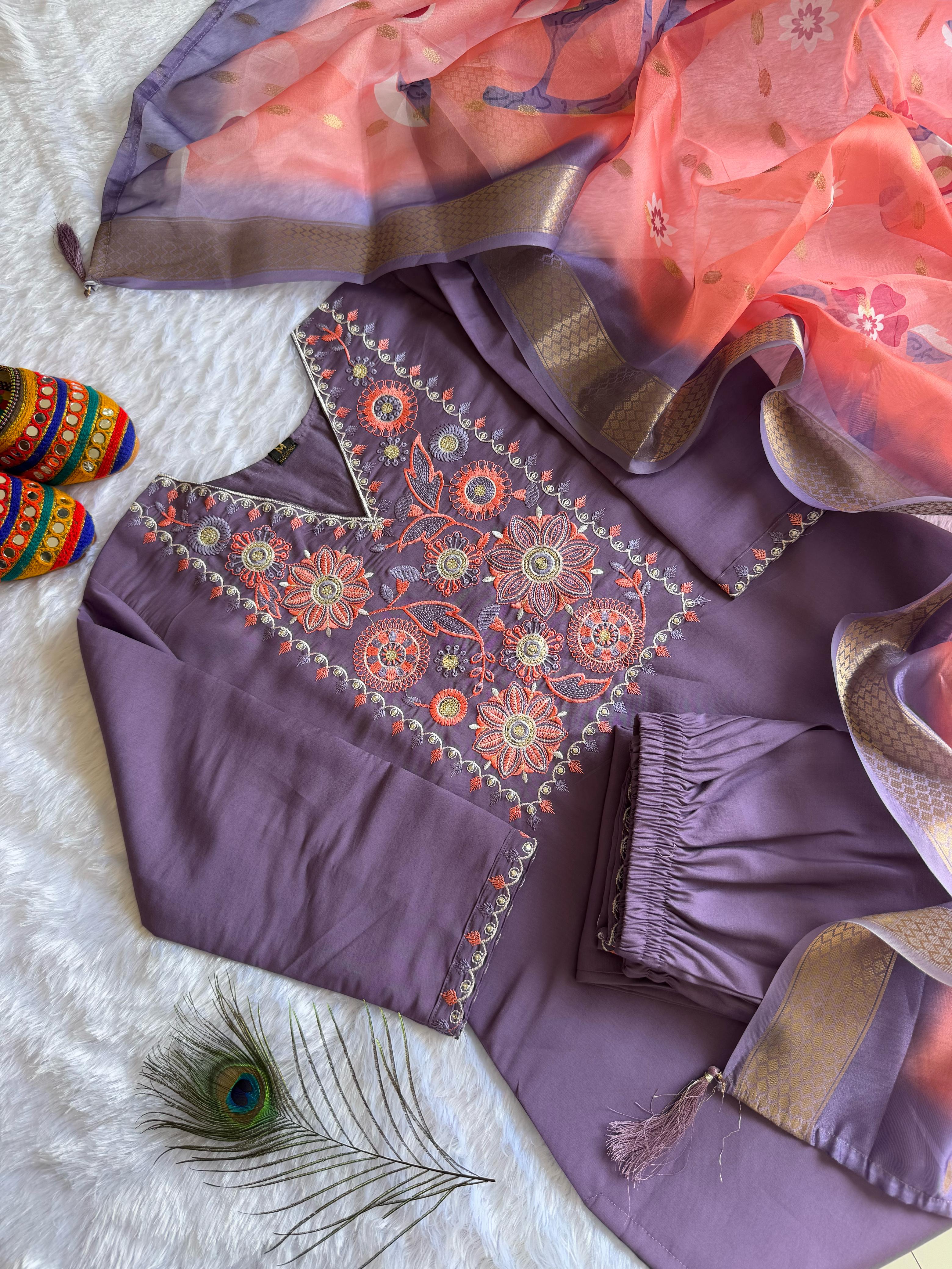 New Wedding Wear Violet Color Roman Silk Embroidery n Sequence Work Designer Straight Kurta With Trouser n Dupatta Set - Image 5