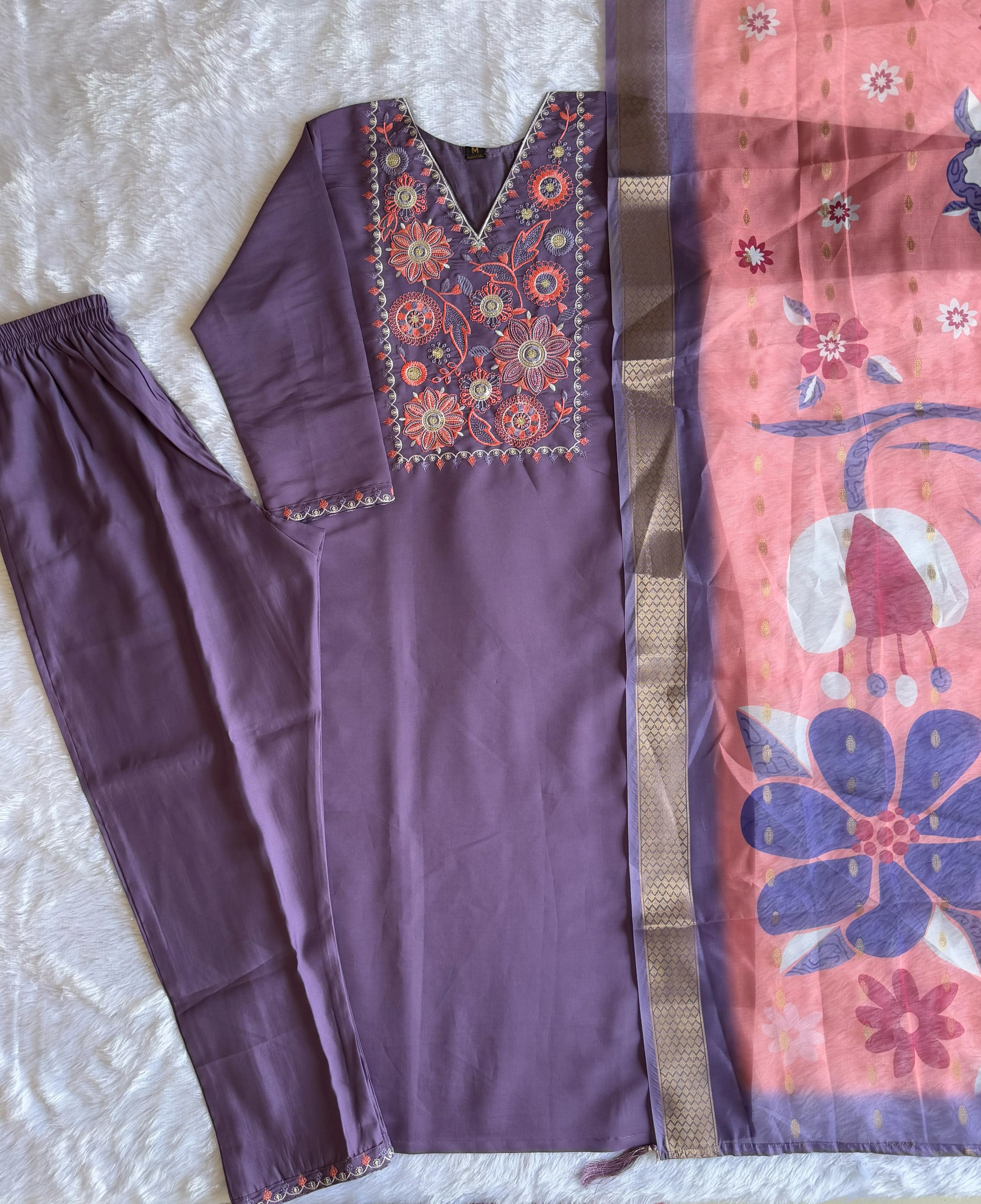 New Wedding Wear Violet Color Roman Silk Embroidery n Sequence Work Designer Straight Kurta With Trouser n Dupatta Set - Image 6