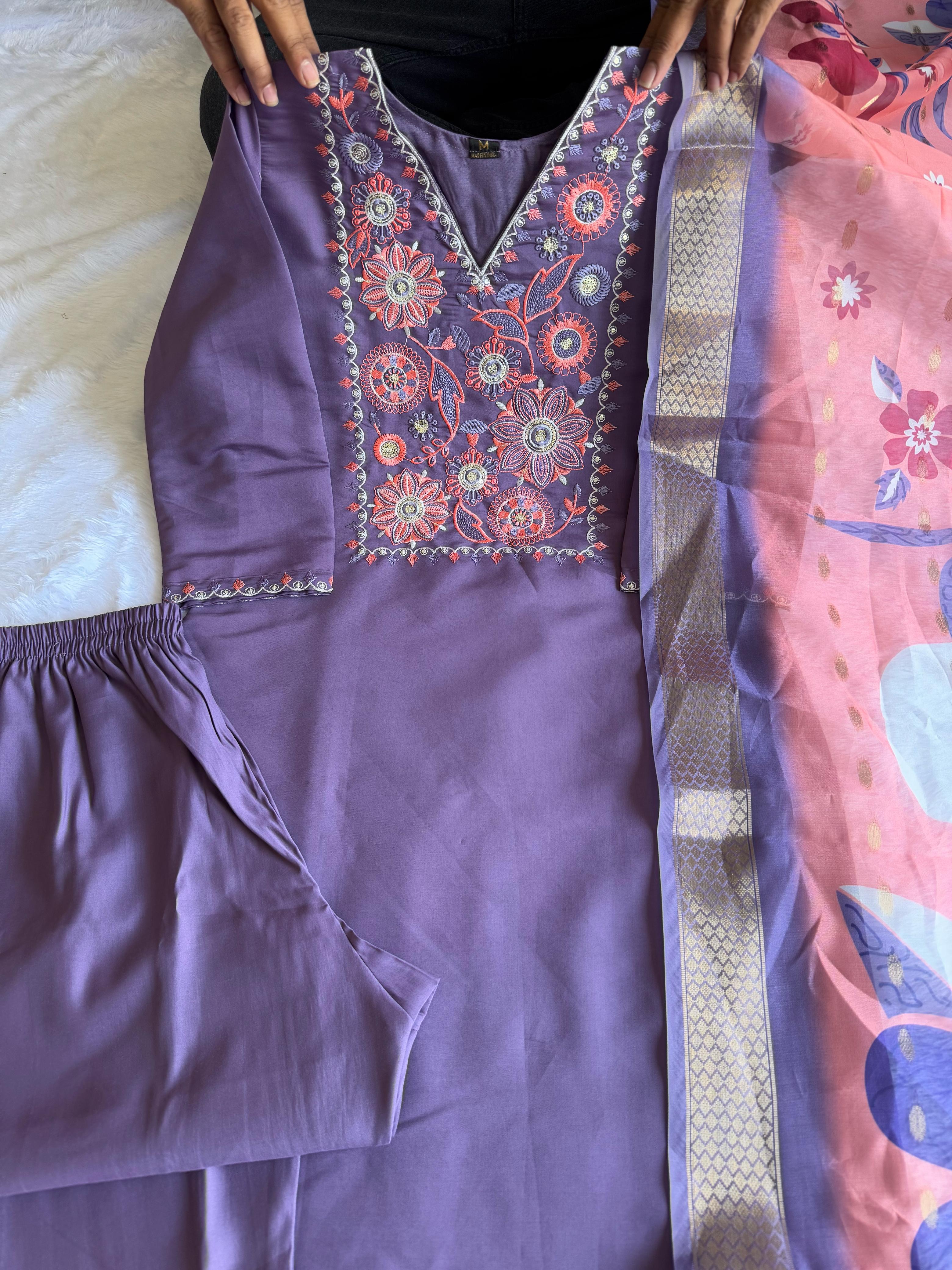 New Wedding Wear Violet Color Roman Silk Embroidery n Sequence Work Designer Straight Kurta With Trouser n Dupatta Set - Image 7