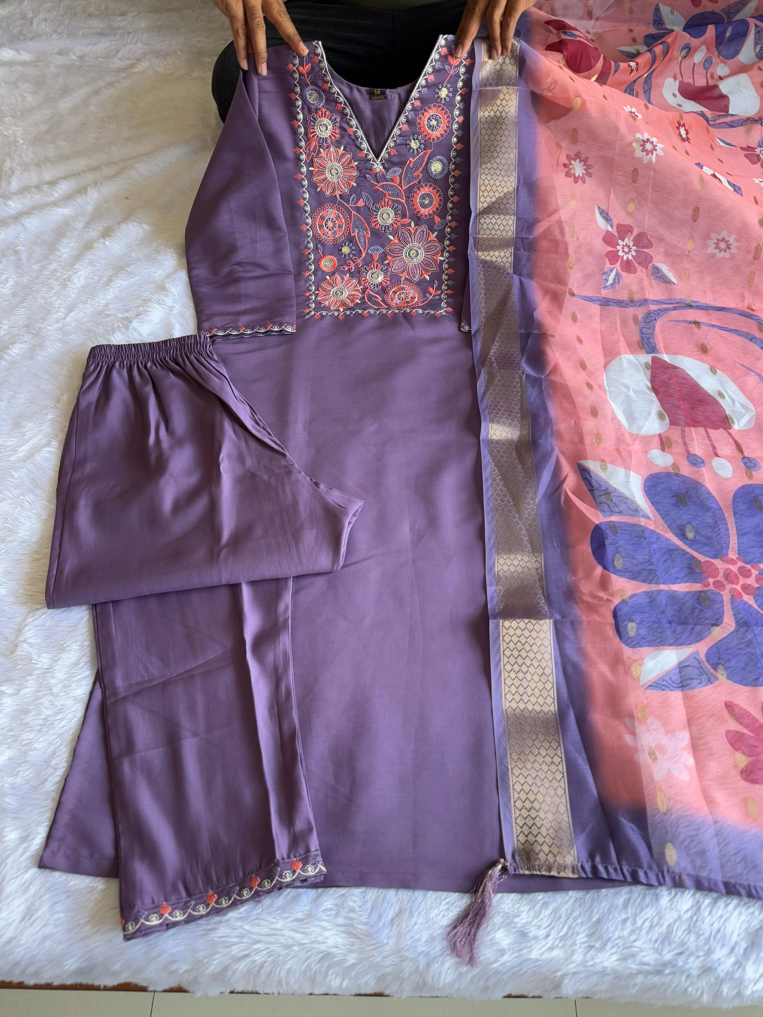New Wedding Wear Violet Color Roman Silk Embroidery n Sequence Work Designer Straight Kurta With Trouser n Dupatta Set - Image 8