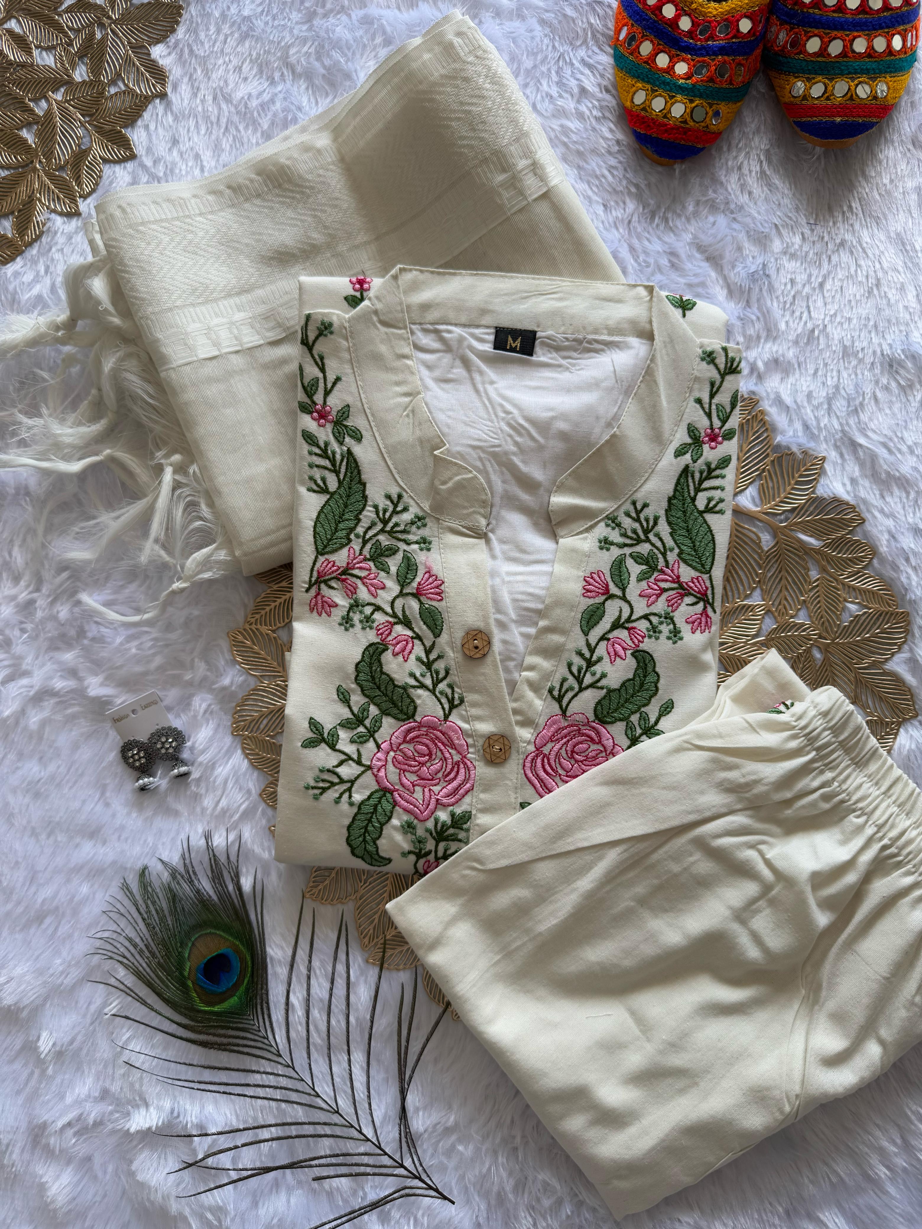 New Wedding Wear White Color Cotton Embroidery Work Designer Straight Kurta With Trouser n Dupatta Set - Image 5