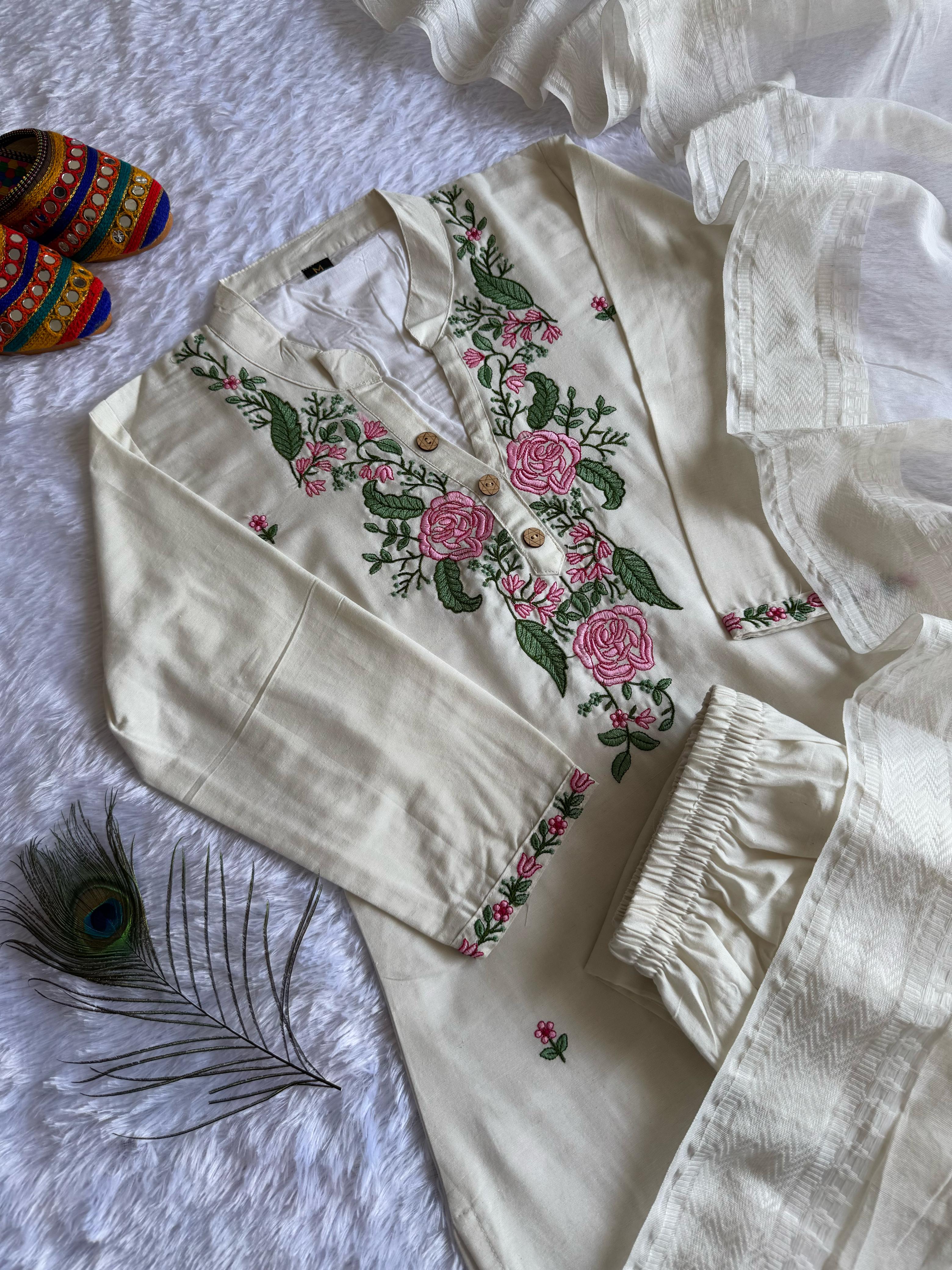 New Wedding Wear White Color Cotton Embroidery Work Designer Straight Kurta With Trouser n Dupatta Set - Image 6
