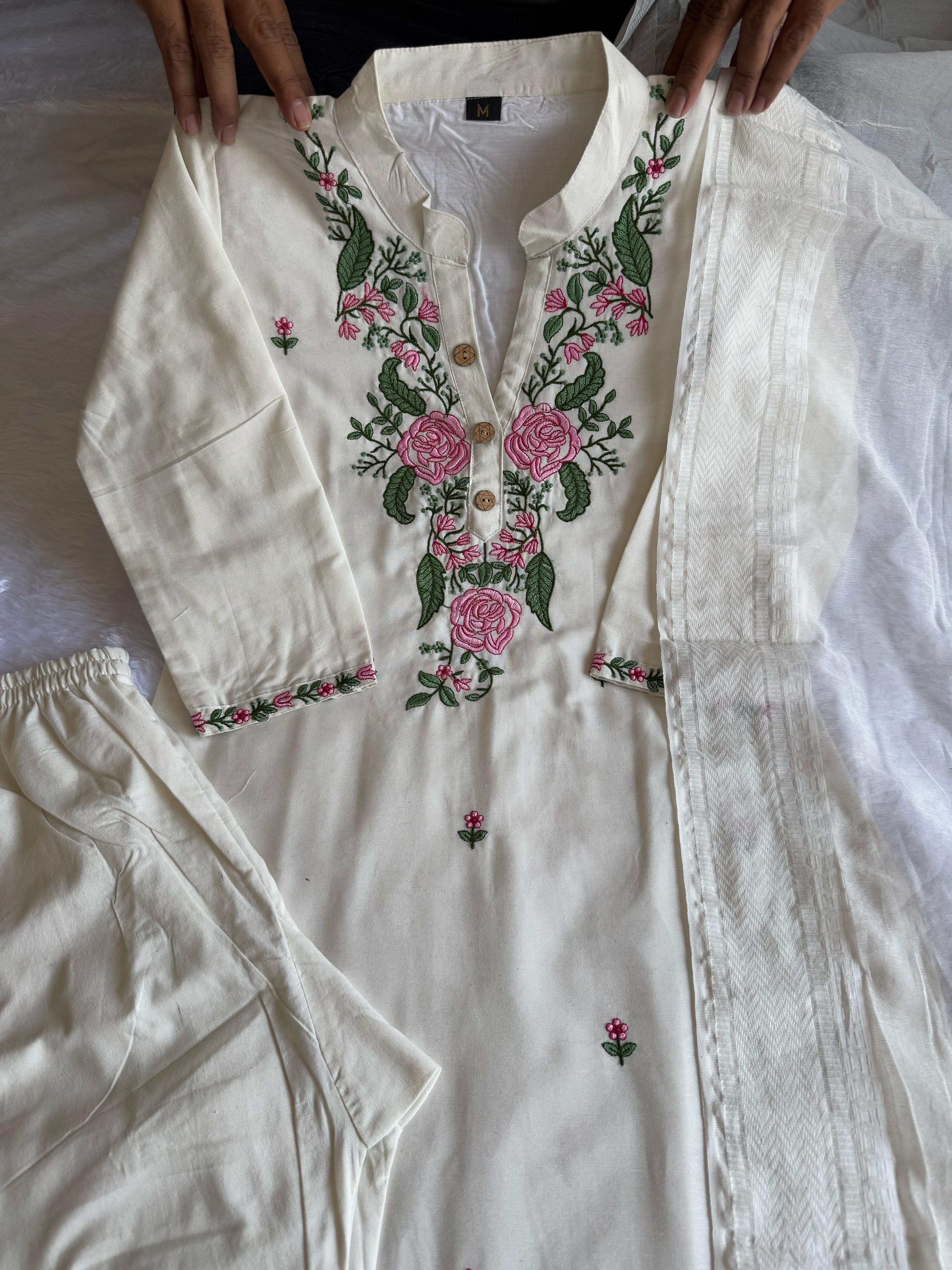 New Wedding Wear White Color Cotton Embroidery Work Designer Straight Kurta With Trouser n Dupatta Set - Image 7