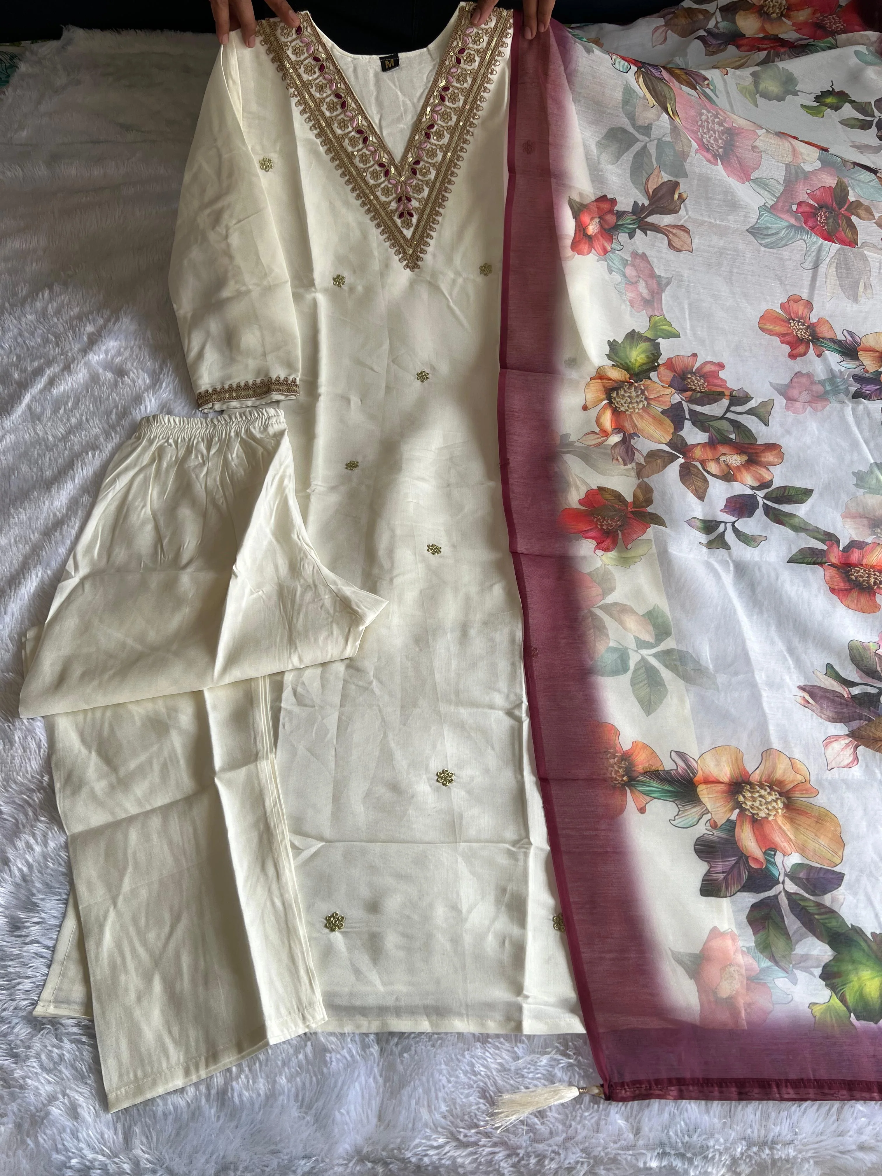 New Wedding Wear White Color Roman Silk Embroidery n Sequence Work Designer Straight Kurta With Trouser n Dupatta Set - Image 5