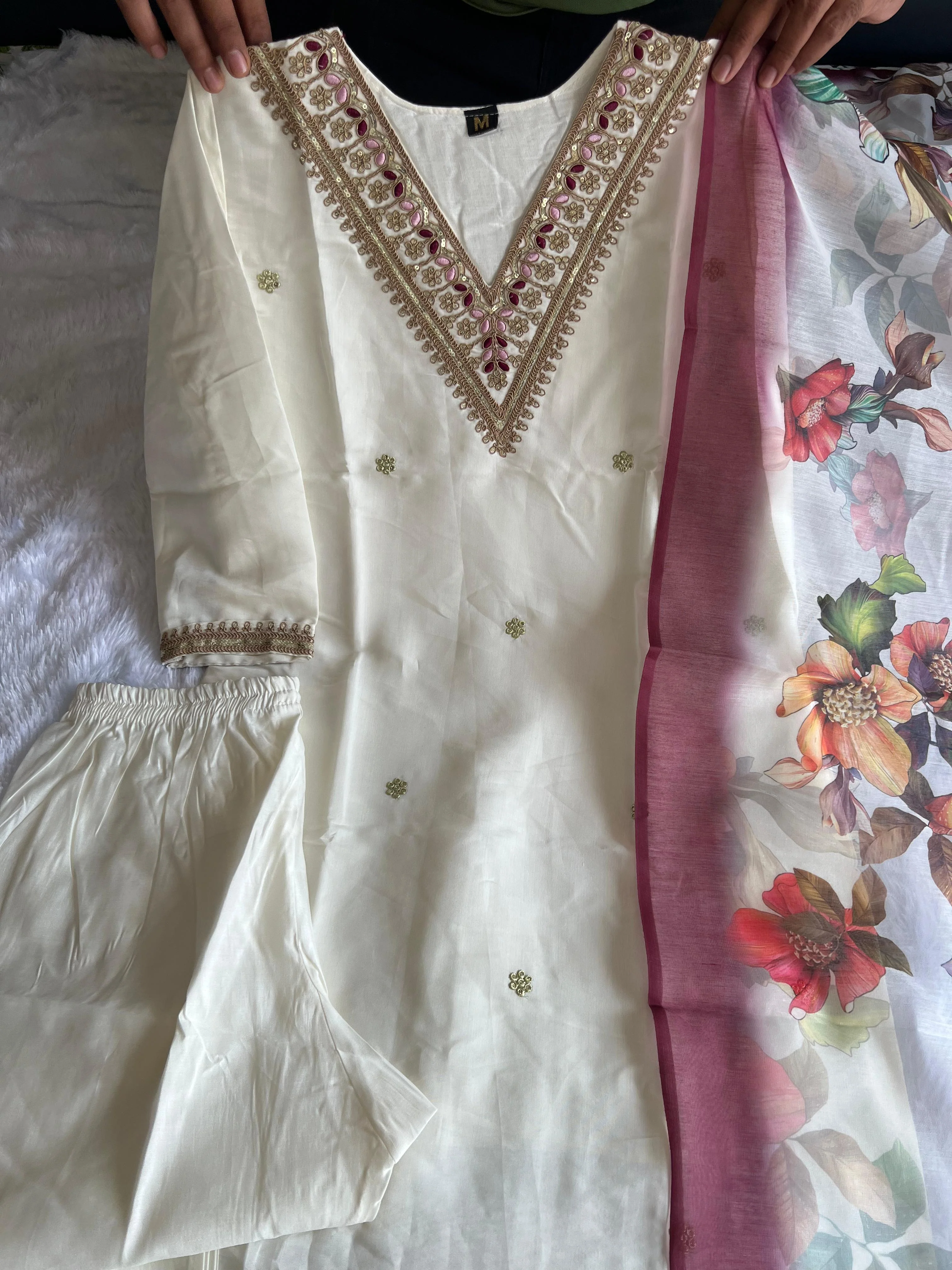 New Wedding Wear White Color Roman Silk Embroidery n Sequence Work Designer Straight Kurta With Trouser n Dupatta Set - Image 6