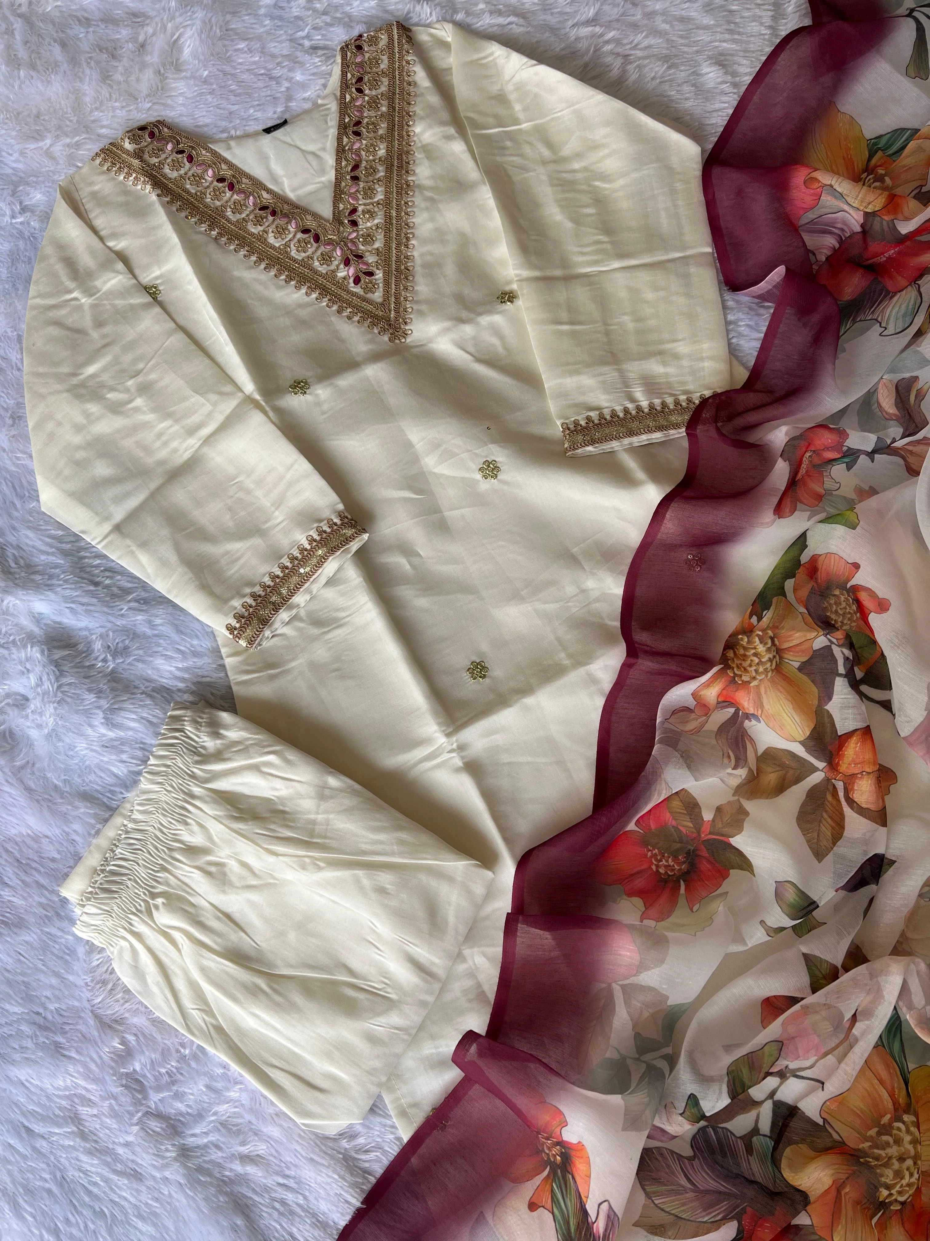 New Wedding Wear White Color Roman Silk Embroidery n Sequence Work Designer Straight Kurta With Trouser n Dupatta Set - Image 7