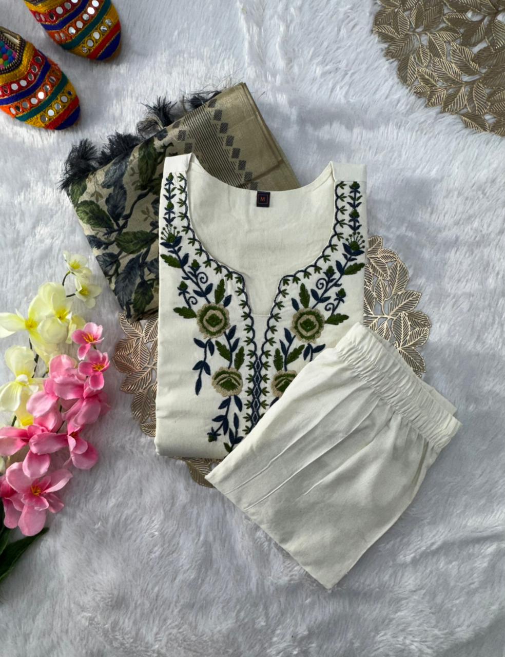 Scrupulous Festive Wear White Colour Embroidery Work Designer Straight Kurta With Trouser n Dupatta Set - Image 4