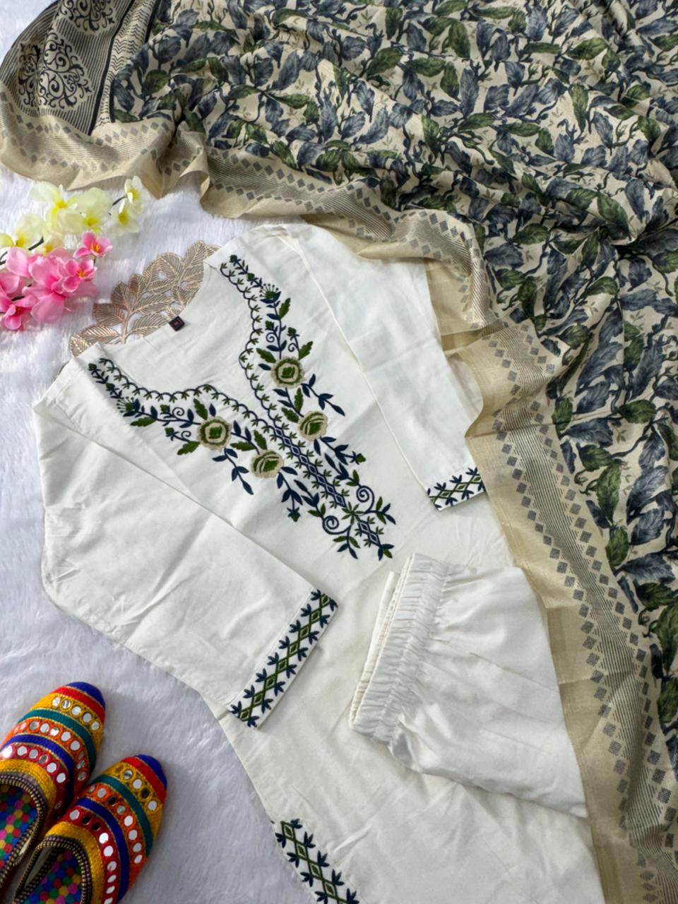 Scrupulous Festive Wear White Colour Embroidery Work Designer Straight Kurta With Trouser n Dupatta Set - Image 6