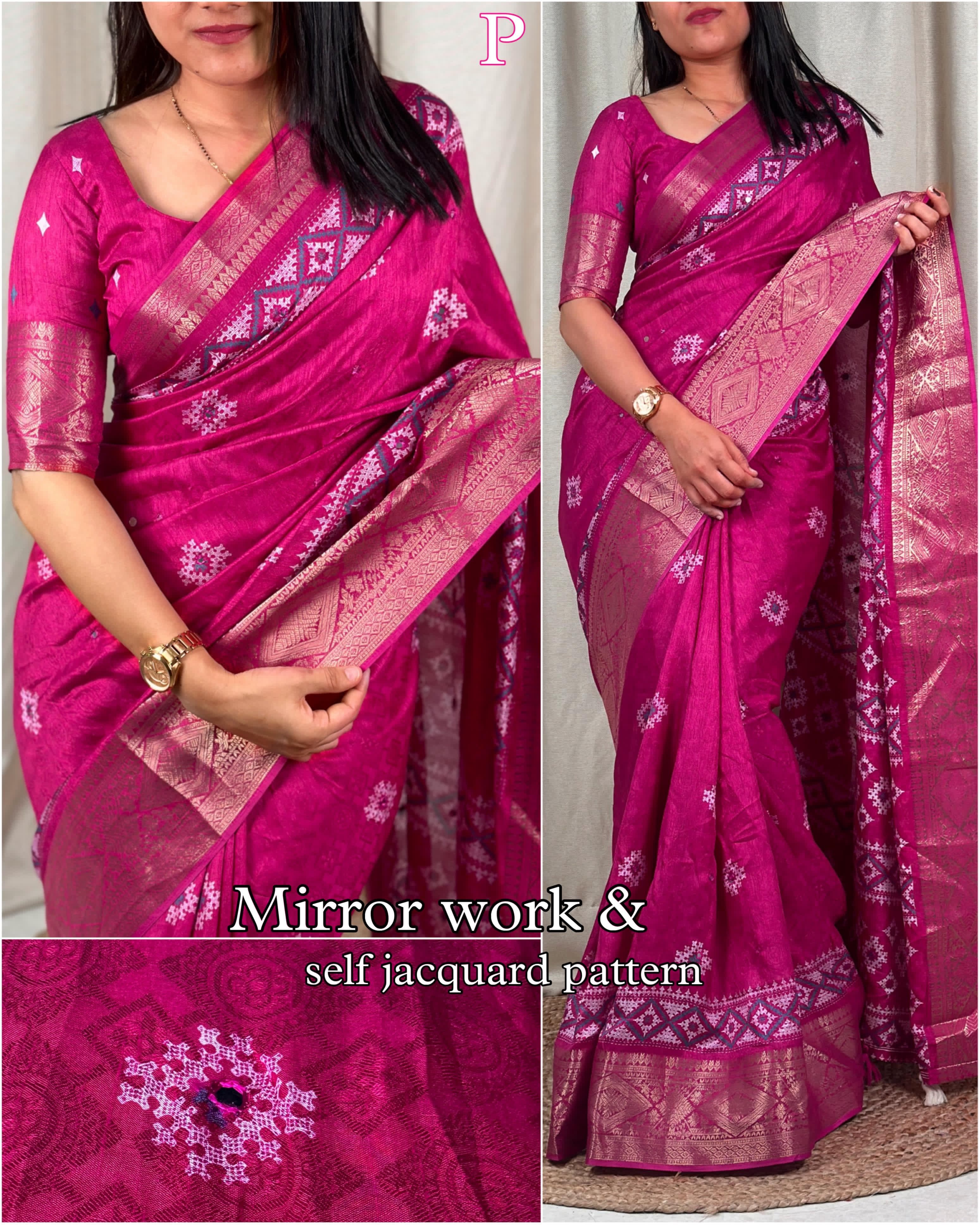 Wedding wear Muslin Cotton Jacquard With Mirror n Tussles Work Fancy Designer Saree - Image 3