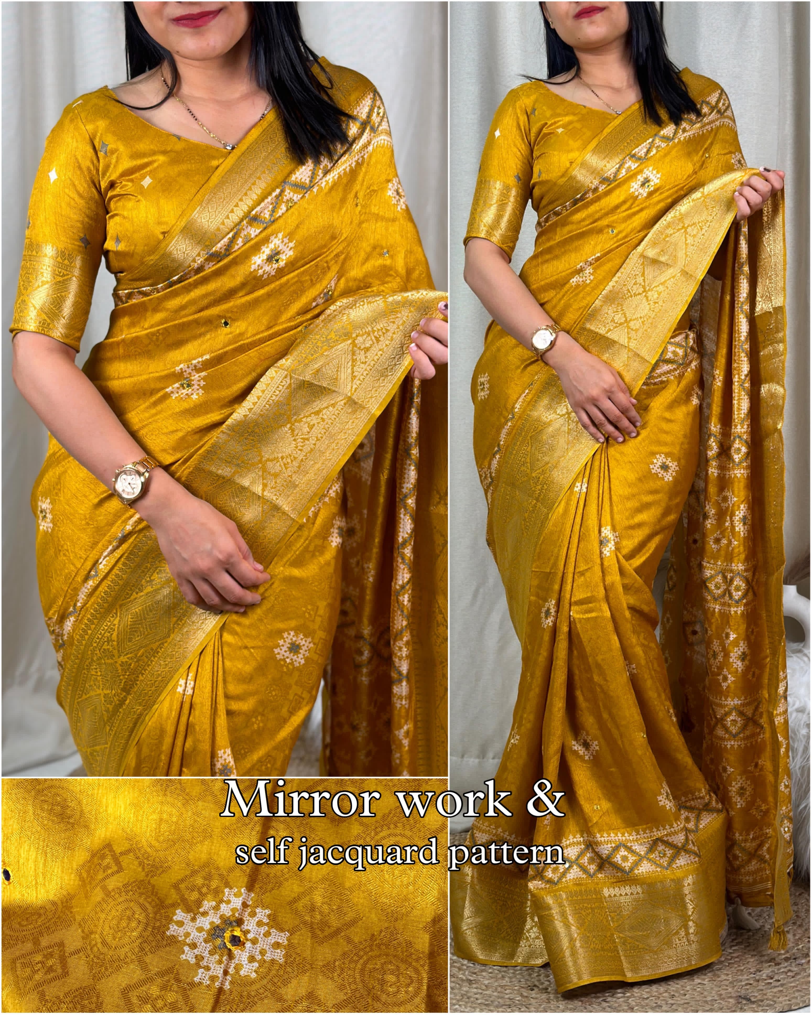 Wedding wear Muslin Cotton Jacquard With Mirror n Tussles Work Fancy Designer Saree - Image 4