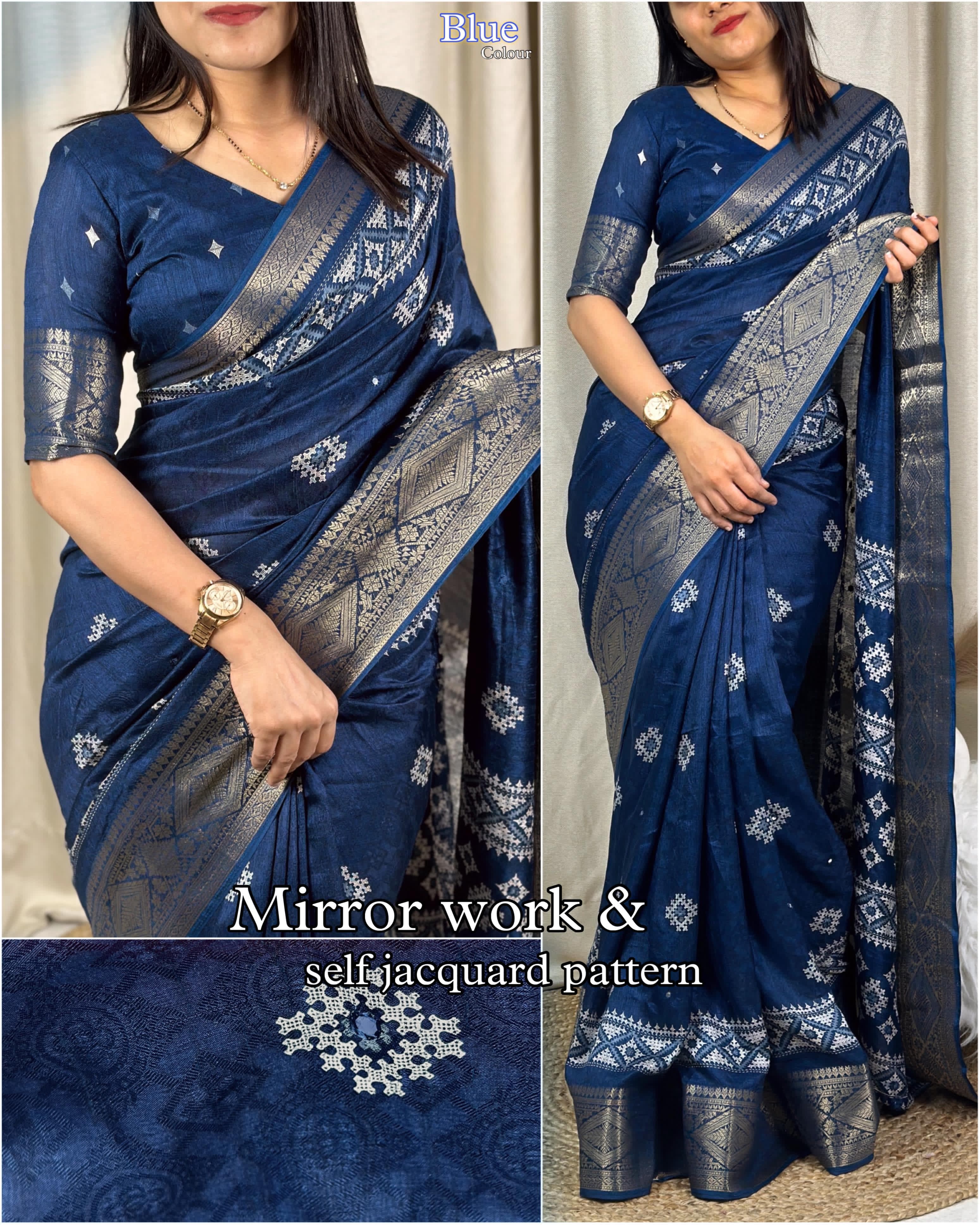 Wedding wear Muslin Cotton Jacquard With Mirror n Tussles Work Fancy Designer Saree - Image 5