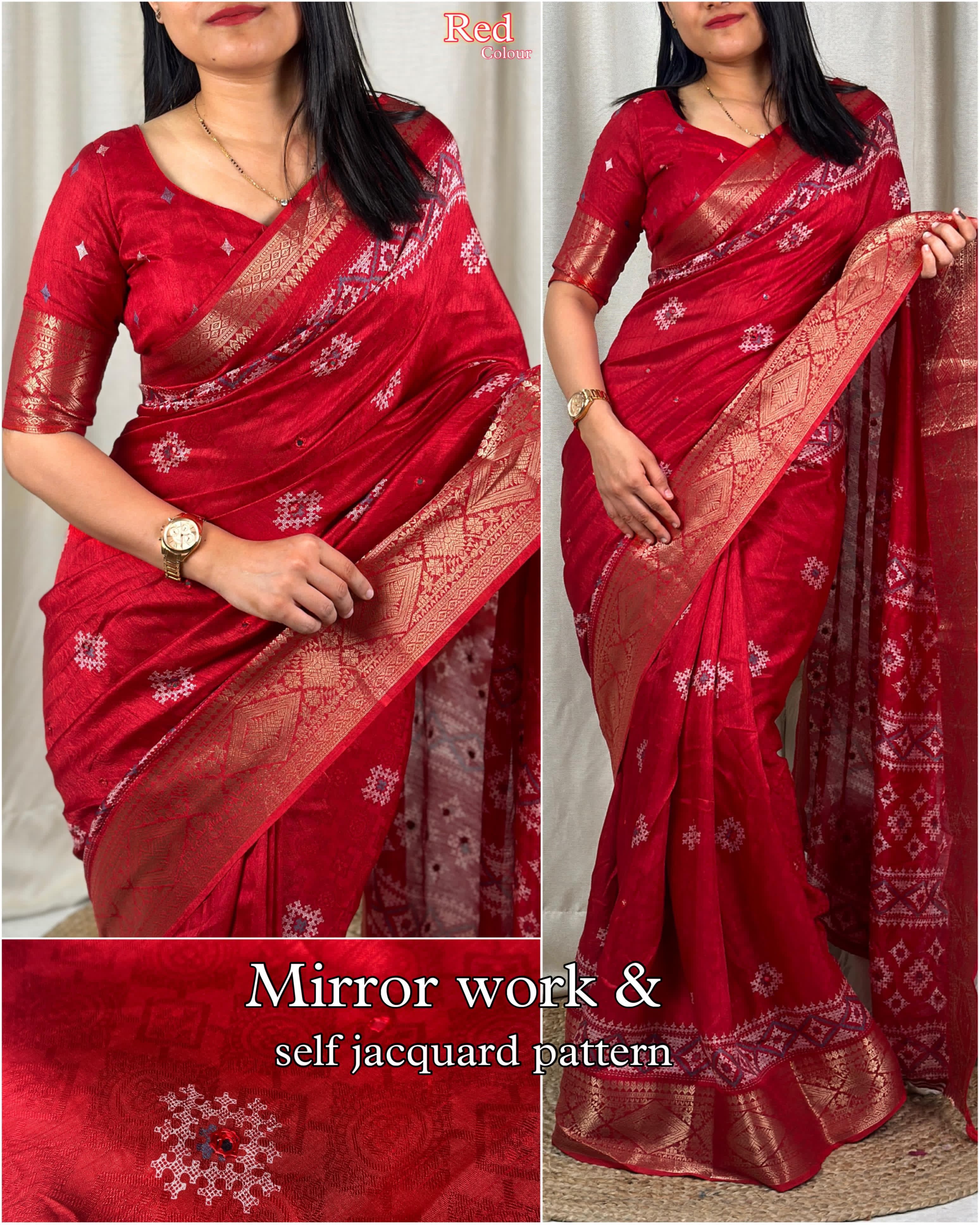 Wedding wear Muslin Cotton Jacquard With Mirror n Tussles Work Fancy Designer Saree - Image 6