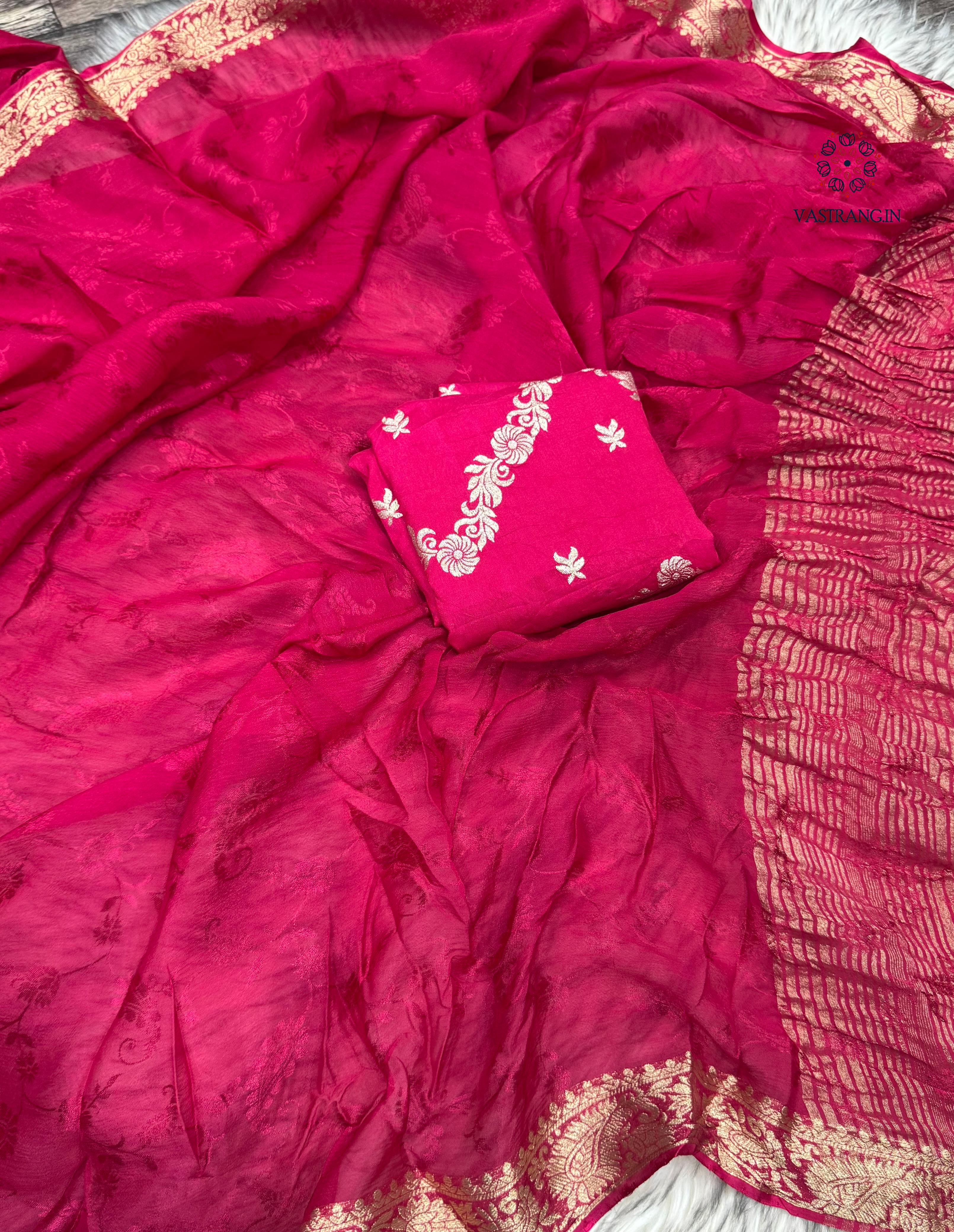 Wedding Wear Viscose Chinnon Fabric All Over Jacquard Weaving Pattern Fancy Designer Saree With Blouse - Image 5